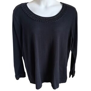 Quiet Luxury Black Beaded Neckline Cuff Long Sleeve Top Elegant Minimalist 2X‎